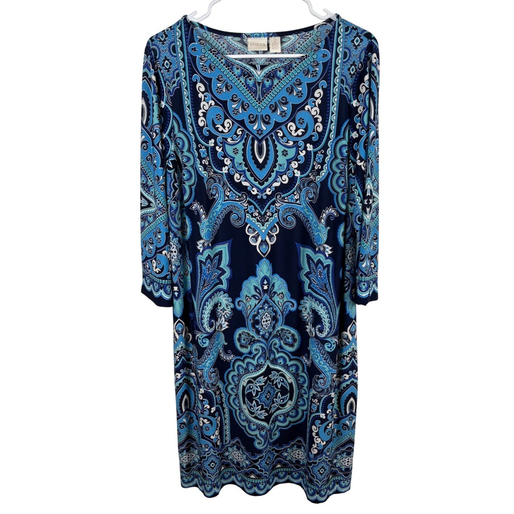Chico's Shift Dress 2/L Blue Medallion Knit Stretch Boho Travel Work Maximalist